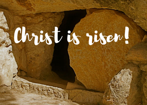 empty tomb with text: Christ is risen